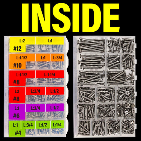 528 Pcs Self Tapping Screws Assortment Kit with SAE #4 #6 #8 #10 #12 Flat Head Phillips Drive Screws in organized bins.