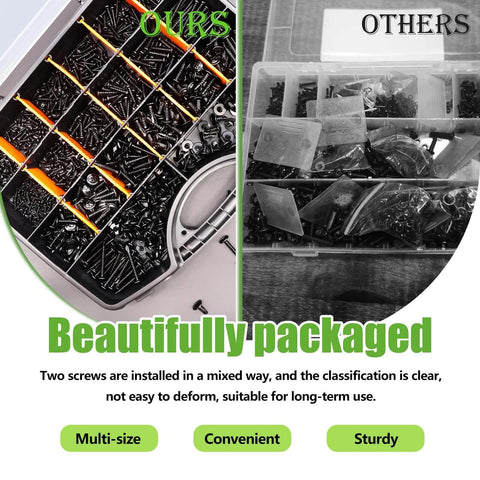 1095 Pcs Self Tapping Screws Assortment for Metal Wood and Plastic organized neatly in a clear storage case with sections.