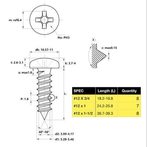 552 Pcs Self Tapping Screws Assortment Set Featuring SAE #4 #6 #8 #10 #12 Pan Head Phillips Drive Screws Made from 304 Stainless Steel with Multiple Lengths Organized in Storage Case for Wood Plastic and Sheet Metal - Detail view of #12 screw specs.