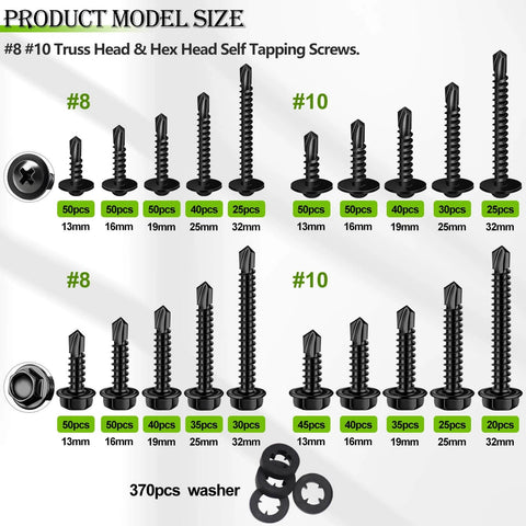Chart showing ✝️ mxuteuk 1170PCS #8#10 Self Tapping Screws for Metal with sizes and quantities, including 370pcs washers.