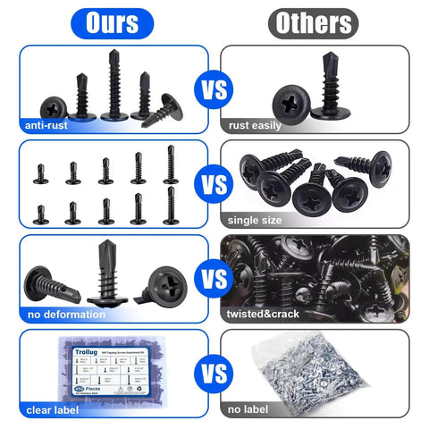 Comparison of 450PCS Self Tapping Screws Assortment for Metal 410 Black Stainless Steel with other screw types, highlighting durability and labeling advantages
