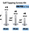 Image showing 200PCS #8 Self Tapping Screws for Metal made from 410 stainless steel featuring self drilling modified truss head design in various lengths.