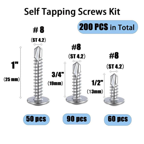 Image showing 200PCS #8 Self Tapping Screws for Metal made from 410 stainless steel featuring self drilling modified truss head design in various lengths.