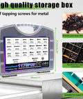 mxuteuk 1170PCS #8#10 Self Tapping Screws storage box showing labels and size, designed for metal applications with washers included