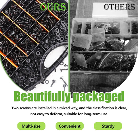Comparison of mxuteuk 1170PCS #8#10 Self Tapping Screws packaging showing divided compartments versus mixed storage.