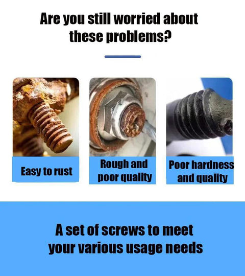 Comparison of rusted screws vs 800 Pieces M2 Self Tapping Screws Set In Carbon Steel Nickel Plated Cross Countersunk Head Assorted Fasteners In Resealable Box For Wood Plastic And Metal Projects, highlighting quality and durability differences for wood, plastic, and metal projects.