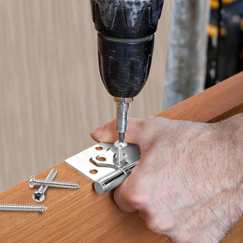 Image of a hand installing a hinge with a drill, using 200 Pcs #6 Wood Screws Assortment Kit Made from 304 Stainless Steel.