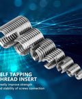 50-piece set of stainless steel inner-thread self-tapping thread inserts (M3–M10) arranged diagonally.