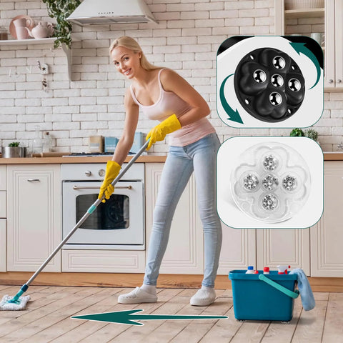 Eight Piece Self Adhesive Caster Wheels For Kitchen Appliances, 360 Degree Swivel Universal Wheel Rollers shown on floor with woman mopping.