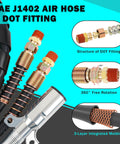 Close-up of semi truck air line kit showing SAE J1402 air hose, DOT fittings, and three-layer integration for braking systems.