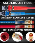 12 Ft 3 In ABS Power Air Line Hoses Kit For Semi Truck With Glad Hands Tender Spring Kit Stainless Clamps Rubber Seals 2 Glad Hands 3 In 1 Air Line System For Tractor Trailer Ready To Roll, showcasing extension gladhand handle and brass swivel fitting.