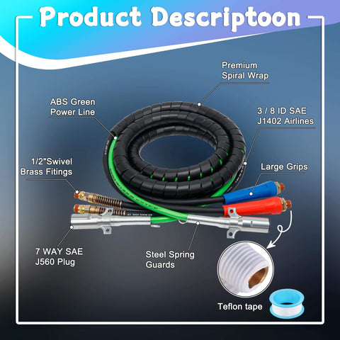 12 Ft 3 In 1 Semi Truck Air Lines Kit With 7 Way ABS Electric Power Cord And Two 20 Inch Tender Springs, shown coiled with fittings