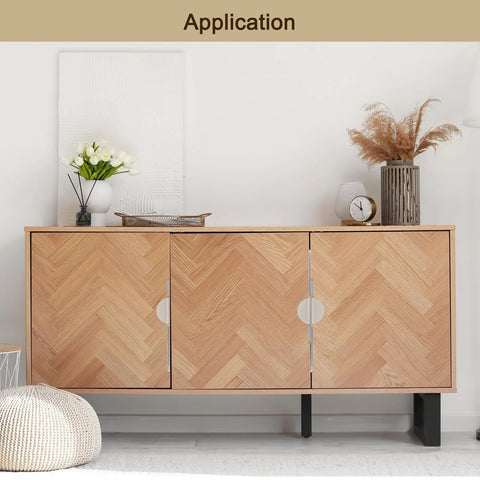 Two Pack Brushed Silver Semicircle Cabinet Pulls With Two And A Half Inch Hole Centers on a modern wooden cabinet in a room setting