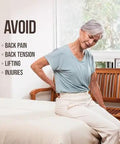 Elderly woman sitting on bed holding her lower back, highlighting the need for the Bed Sheet Tucker Mattress Lifter Tool Made From Sturdy Acacia Wood That Helps You Change Sheets Without Strain Back Saver Works With Fitted And Flat Sheets Comforters And Blankets.