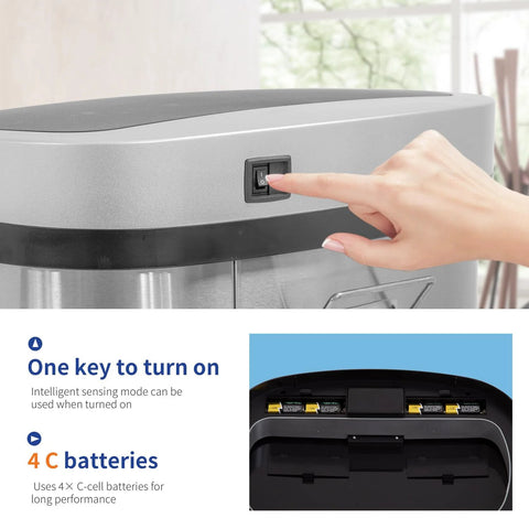 Pressing button on 13 Gallon Sensor Trash Can With Lid Automatic Touchless Garbage Can Odor Control Modern Oval Design