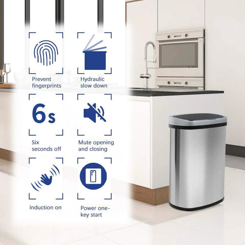 13 Gallon Sensor Trash Can With Lid Automatic Touchless Garbage Can Odor Control Modern Oval Design in kitchen setting