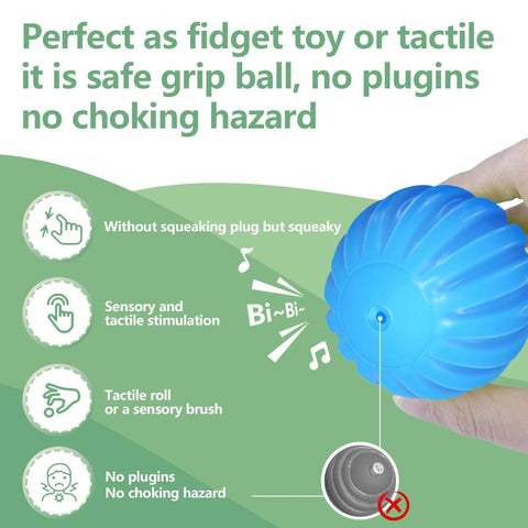 Close-up of blue textured sensory ball held in hand, showing safe grip with text about sensory benefits for babies. Sensory Balls for Baby Sensory Baby Toys 6 to 12 Months for Toddlers 1-3, Bright Color Textured Multi Soft Ball Gift Sets, Montessori Toys for Babies 6-12 Months Infant Toys (6 Pack).