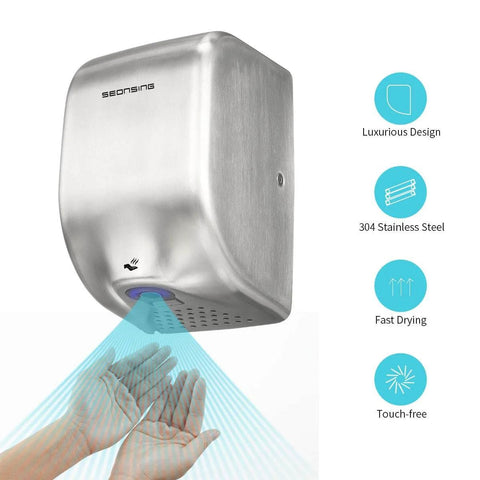 Seonsing Automatic Commercial Hand Dryer Heavy Duty Compact High Speed 224 Mph Restroom With Hygiene Filter Low Noise, steel design.