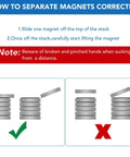 Instructional graphic on how to separate Neodymium Disc Magnets 32mm Diameter 3mm Thick With Double Sided Adhesive Pack Of 12.