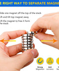 Hands separating stack of Heavy Duty Neodymium Cup Magnets 60 Lbs Holding Power With Countersunk Holes And Stainless Screws 0.98 Inch.
