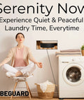 Woman meditating near a washing machine with Vibeguard laundry product promoting quiet laundry time