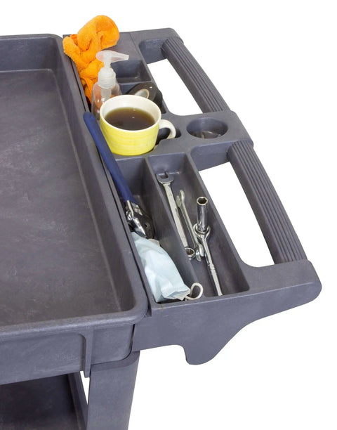 Heavy Duty Service Cart For Garage And Shop With 500 Pound Capacity Extra Wide 46 By 25.5 Inch Two Shelf Utility Cart 5 Inch Non Marring Casters For Smooth Moves And Easy Clean Surface WEN shown with tools and cup