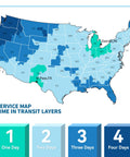 United States map showing service transit times, color-coded for one to four days. Key locations include Detroit, MI, and El Paso, TX.