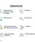 Gates services overview including energy, automotive, medical devices, tube forming, electronics, fasteners, animal equipment