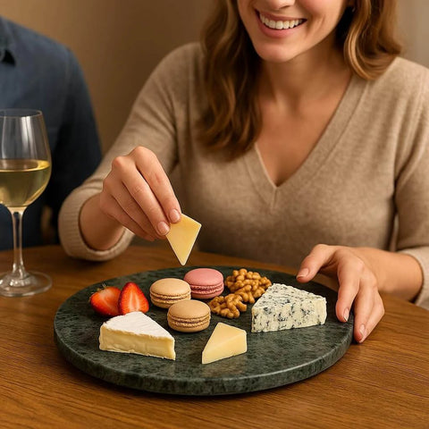 12 inch green natural marble lazy susan turntable with assorted cheeses, fruits, and nuts, designed for serving on tables.