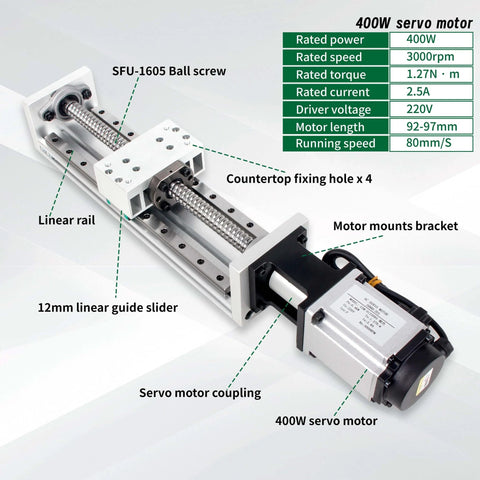 Servo Linear Actuator ZBX80 Plus CNC Linear Stage Motion Platform+400W 220V Servo Motor Without Brake+Driver, XYZ Axis Linear Slide Table Rail Guide (100mm) close-up showing servo motor and linear rail.