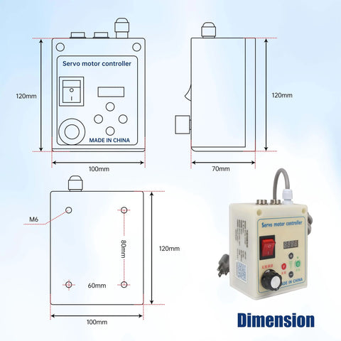 750W Permanent Magnet Brushless Servo Motor Speed Controller dimensions with side and front views