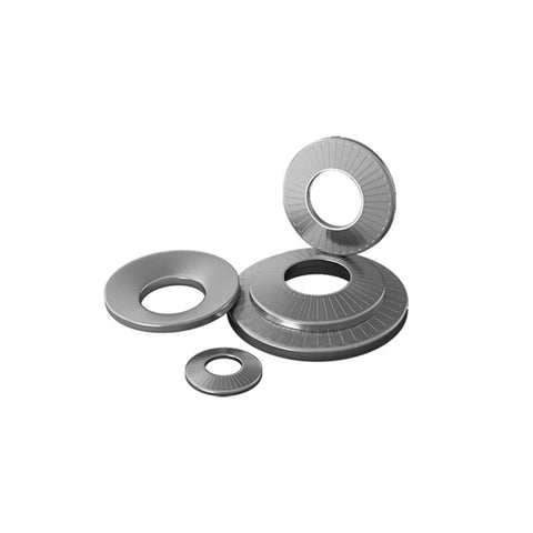 Set Of 5 M10 Belleville Washers 27mm Conical Disc Spring Washers 304 Stainless, showing different angles on white background.