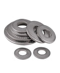 Set Of 5 M10 Belleville Washers 27mm Conical Disc Spring Washers 304 Stainless, stacked view showing stainless steel texture and size