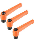 Set of 3 M8 Adjustable Clamping Lever Push Button Ratchet Handles with Female Threaded Studs, orange, side view
