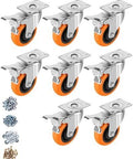 2 Inch Heavy Duty Locking Caster Wheels Set of 4 with orange polyurethane swivel plate casters and hardware, non marking quiet roll