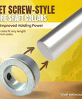 Set screw-style bore shaft collars for improved holding power, shown with arrows indicating fit for 1-inch axles, shaft not included.