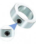 Four Piece Set Screw Shaft Collars By Uxcell, 1-1/2 inch bore, zinc plated carbon steel, close-up of set screw on locking axle collar clamp.