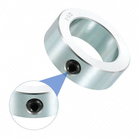 Four Piece Set Screw Shaft Collars By Uxcell, 1-1/2 inch bore, zinc plated carbon steel, close-up of set screw on locking axle collar clamp.
