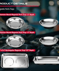 Four stainless steel magnetic parts trays, two 4-inch round and two rectangular, shown in product details view.