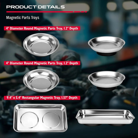 Four stainless steel magnetic parts trays, two 4-inch round and two rectangular, shown in product details view.