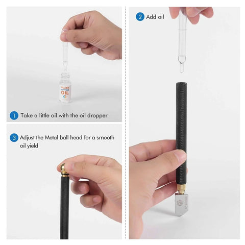 How to use the Pro Grade Glass Cutter With Automatic Oil Feed, showing oil dropper and cutter handle for smooth DIY cutting.