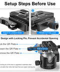 Instruction guide for 46mm Lever Ball Head EH46L with stainless lock pin and Arca Swiss plate, showing setup step details and locking mechanism.