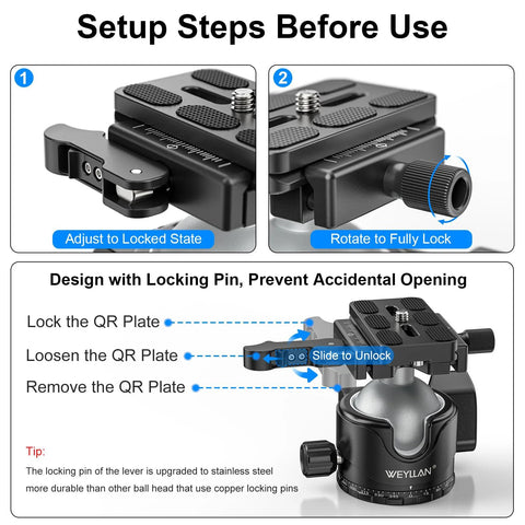 Instruction guide for 46mm Lever Ball Head EH46L with stainless lock pin and Arca Swiss plate, showing setup step details and locking mechanism.