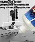 Sewing Machine Oil And High Temperature Lubricant For Precision Machines bottle next to sewing machine needle, showing application
