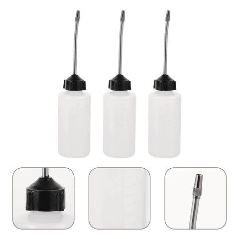 Three Piece Sewing Machine Oil Can Set With Iron Spout And Cap For Precise Lubrication on sewing machines and engines, includes close-ups.
