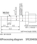 Technical diagram of Ball Screw Assembly SFE2040 NUW 20mm Diameter Lead 40mm Length 950mm for CNC machines, includes machining details.