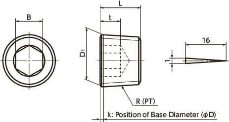 Technical diagram of ✝️ SFT-2 Hex Socket Pipe Plugs Special Screws Plugs NBK with dimensions for automation systems, side and top view.