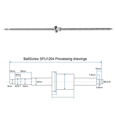 Technical diagram and side view of SFU1204 Ball Screw 12mm Diameter 4mm Lead 800mm Length With Anti Backlash Nut Standard End Machining.
