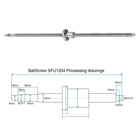 SFU1204 Ball Screw Assembly 12mm Diameter 4mm Lead 550mm Length with diagram showcasing machining dimensions