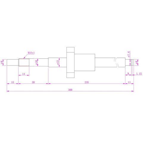 Technical drawing of Ball Screw SFU1204 with 12mm diameter and 4mm pitch, 300mm length, with metal nut for CNC axis motion applications.